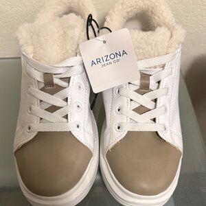 White, Tan and Silver Sneakers with Sherpa like lined.